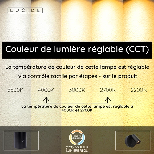 Lucide TONI - Spot mural / Applique mural Rechargeable - Batterie/Piles - Ø 8,1 cm - LED Dim. - CCT - 1x2W 2700K/4000K - Détecteur De Mouvement (désactivable) - Magnétique - Noir - USP